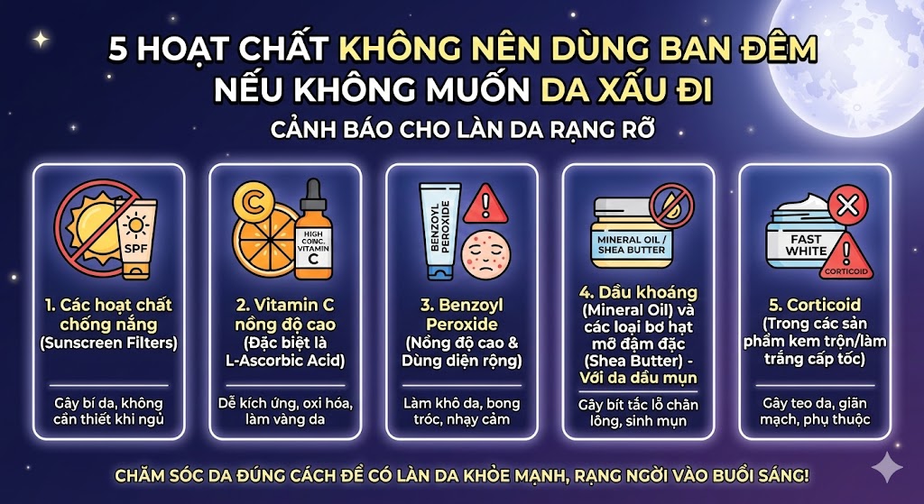 5 hoạt chất không nên dùng ban đêm nếu không muốn da xấu đi