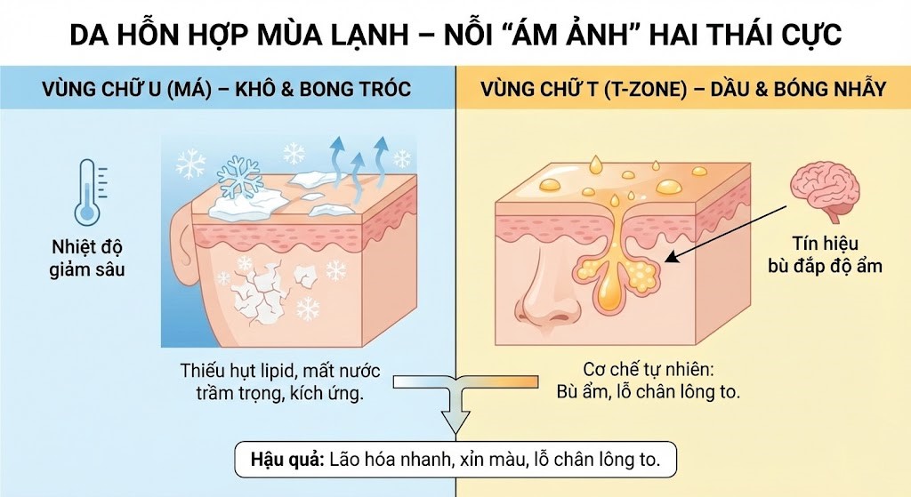 Chăm sóc vùng T-zone da hỗn hợp mùa đông: Cân bằng dầu – nước cho da
