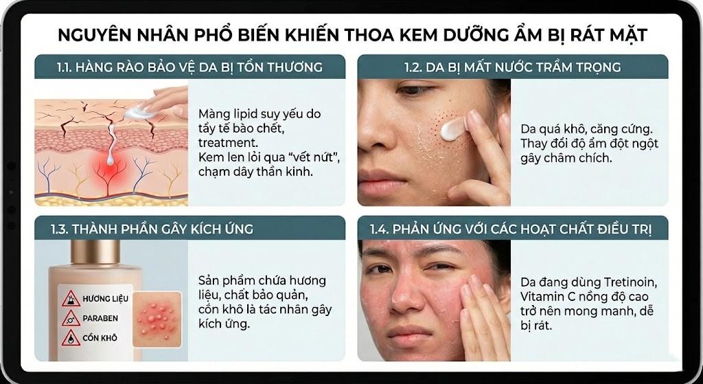 Vì sao thoa kem dưỡng ẩm bị rát mặt? Cách xử lý đúng và giải pháp phục hồi
