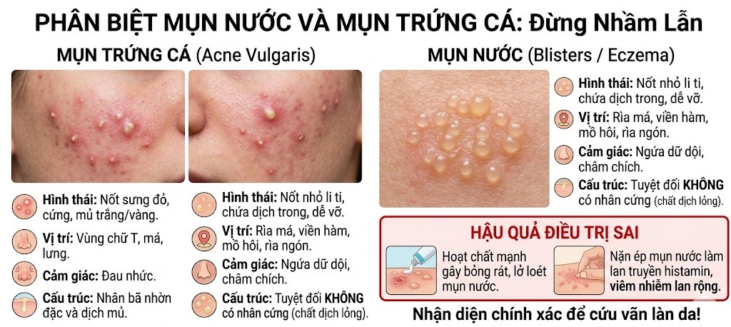 Tại sao mùa hè da dễ bị nổi mụn nước và cách phân biệt với mụn trứng cá