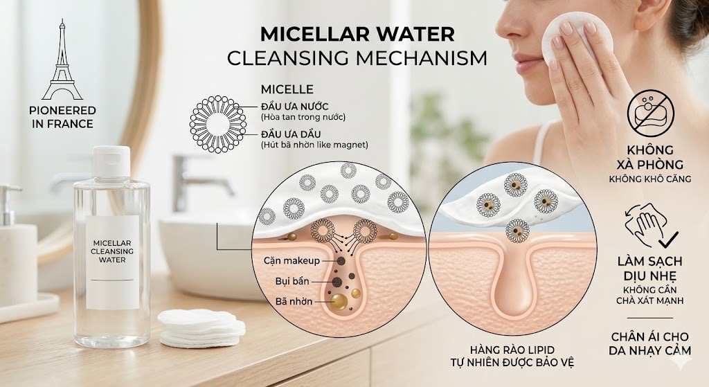 Cách chọn nước tẩy trang (Micellar Water) dịu nhẹ cho da nhạy cảm mùa nóng. 