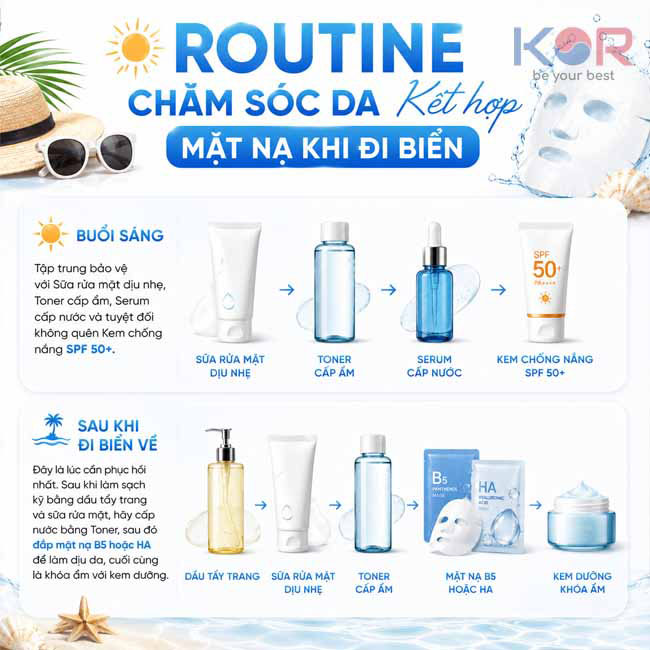 Routine chăm sóc da kết hợp mặt nạ khi đi biển