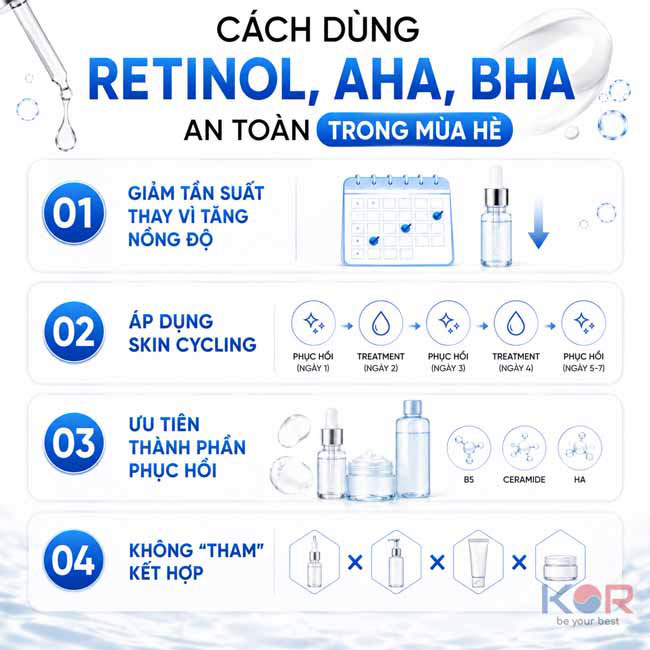 Cách dùng Retinol, AHA, BHA an toàn trong mùa hè